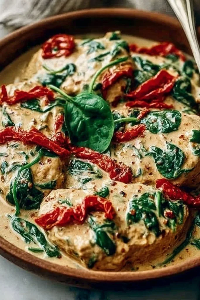 Amazing Slow Cooker Creamy Tuscan Chicken 2 Creamy Tuscan Chicken made in a slow cooker, featuring chicken, spinach, and sun-dried tomatoes.