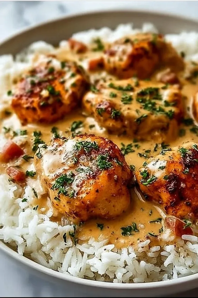Delicious smothered chicken served over fluffy rice in a comforting dish.