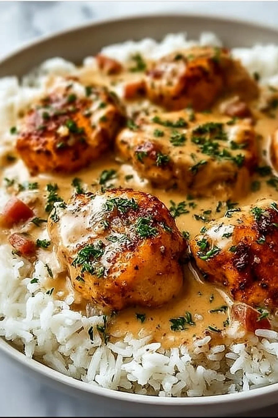 Best 19 Comforting Chicken Recipes for Family Dinners 5 Delicious smothered chicken served over fluffy rice in a comforting dish.