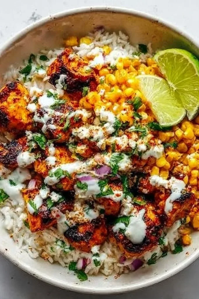 Delicious street corn chicken rice bowl garnished with fresh herbs and spices