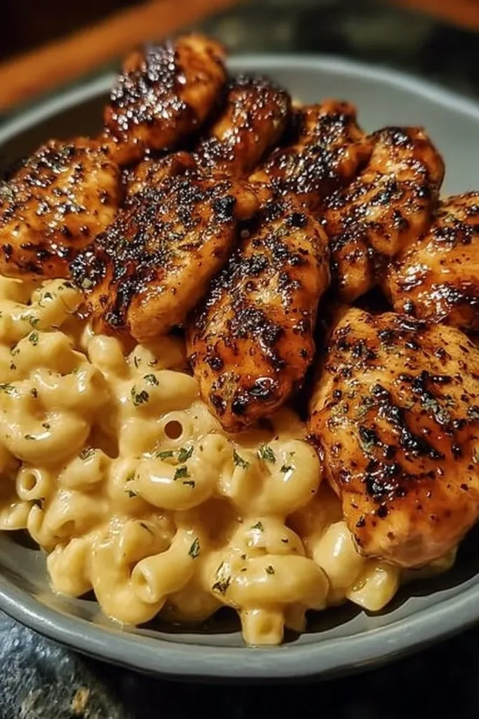 Delicious plate of sweet and spicy honey pepper chicken garnished with herbs