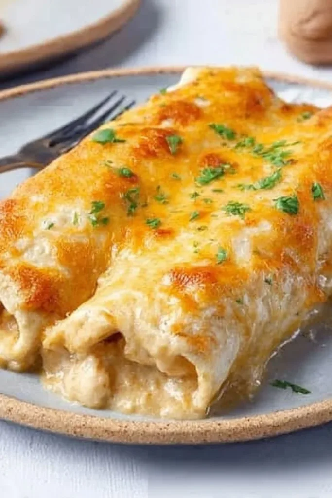 Delicious white chicken enchiladas topped with creamy sauce and cheese
