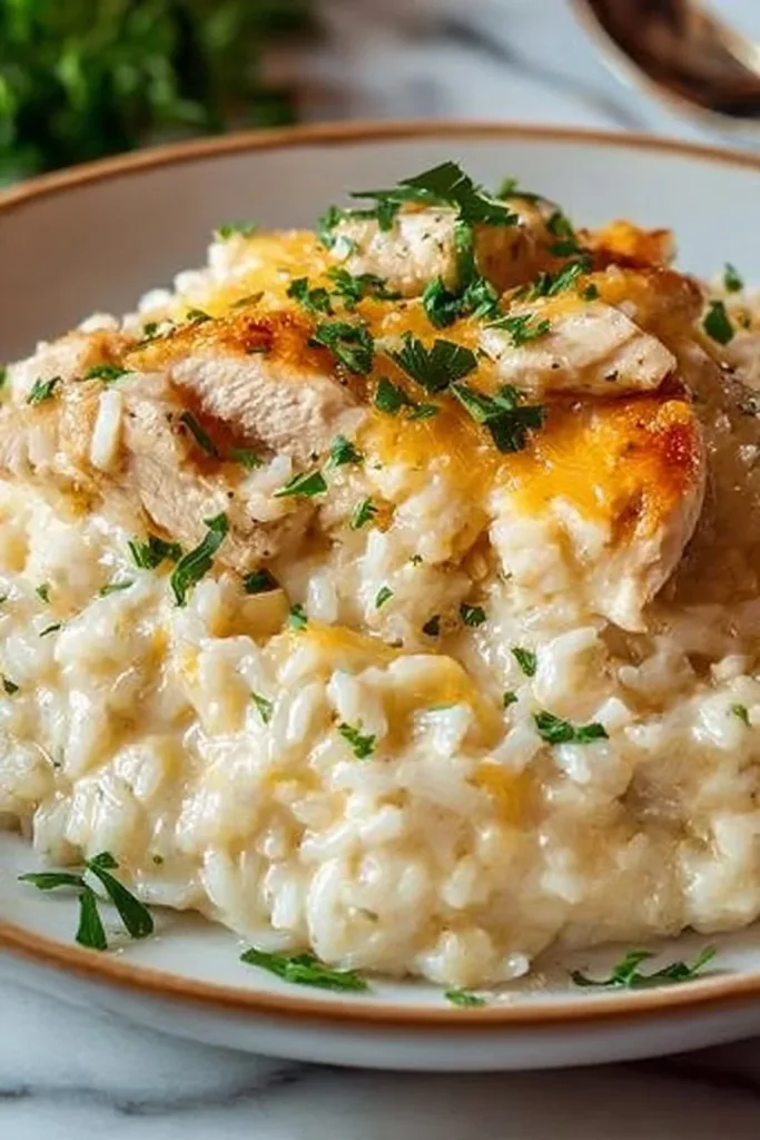 Delicious Angel Chicken Rice Casserole ready to serve in a baking dish