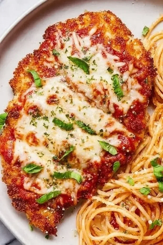 Baked Chicken Parmesan topped with melted cheese and fresh herbs