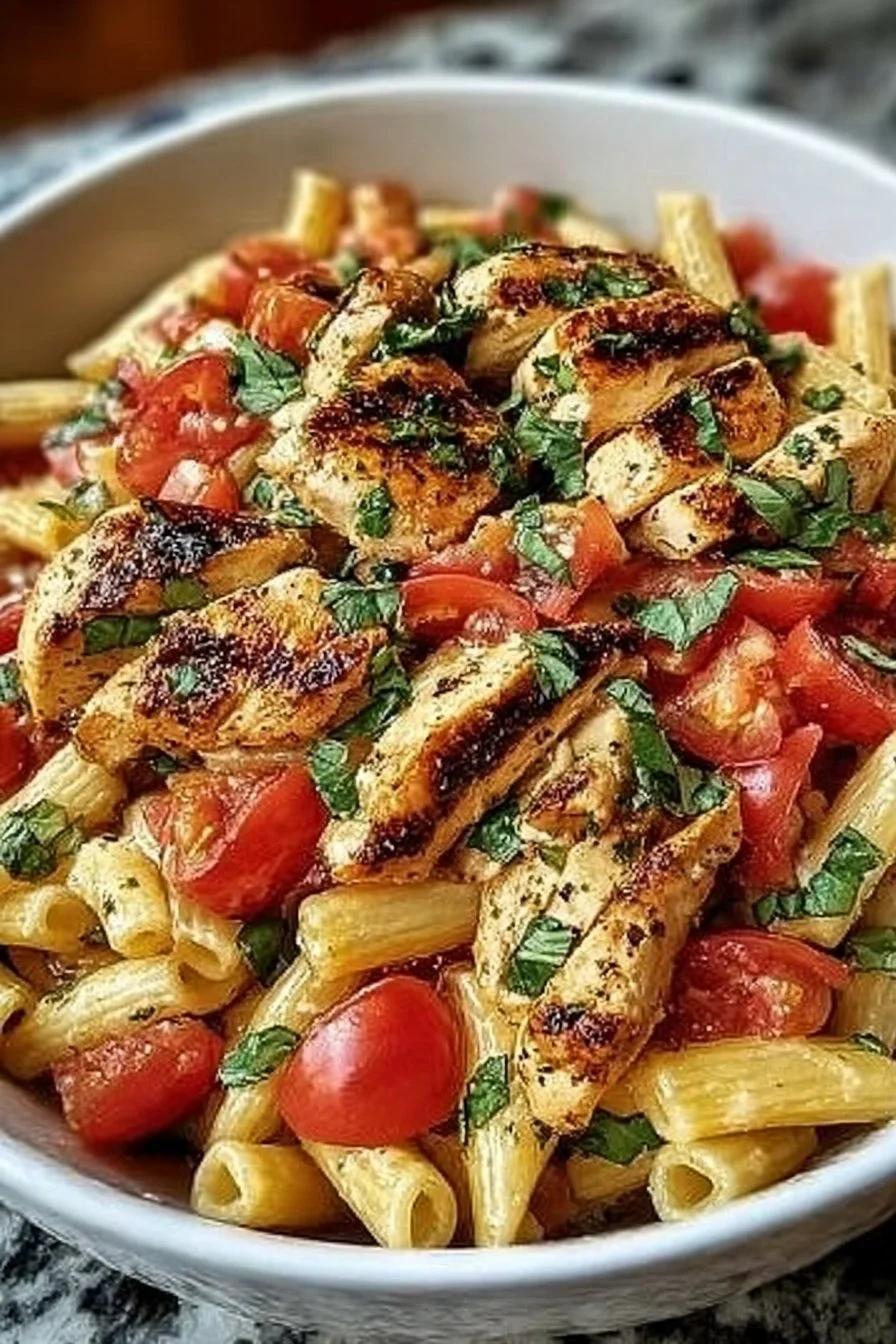 Delicious Bruschetta Chicken Pasta topped with fresh tomatoes and basil