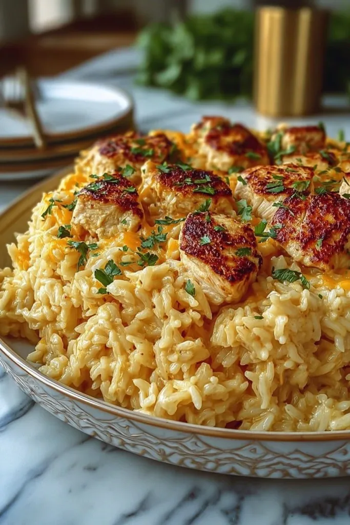 Savory Chicken Rice-A-Roni casserole topped with cheese and herbs.