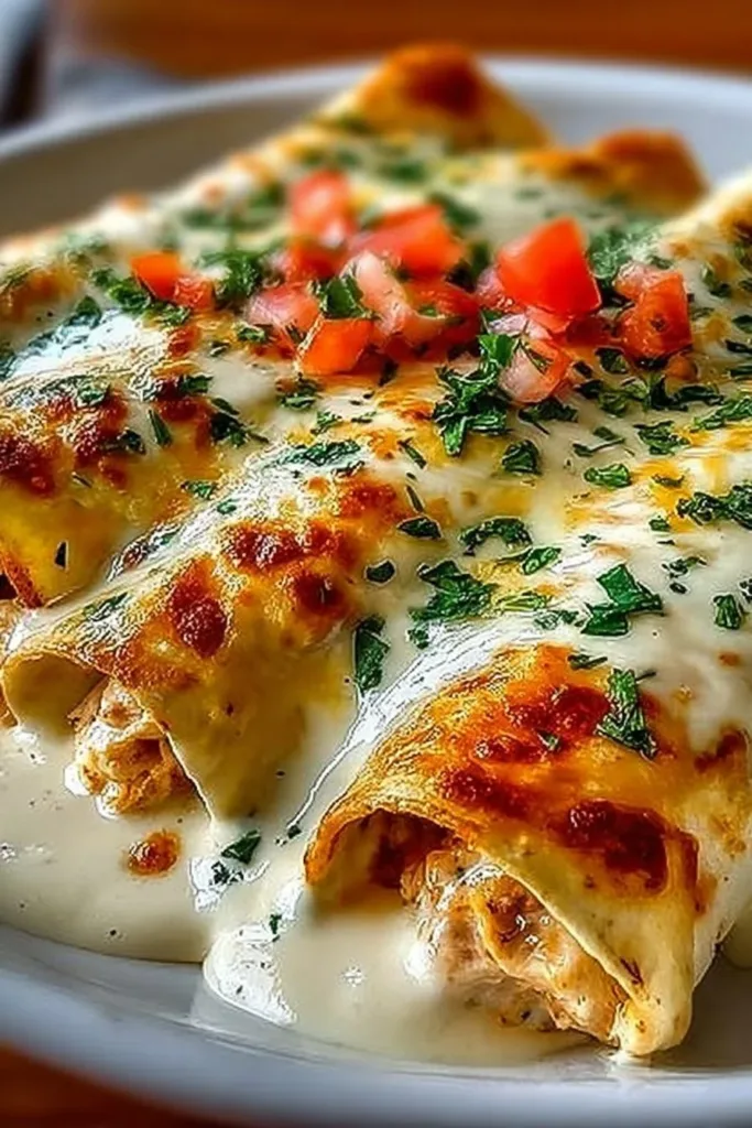 Cozy Chicken Enchiladas with Sour Cream White Sauce 3 Cozy chicken enchiladas topped with sour cream white sauce on a plate.