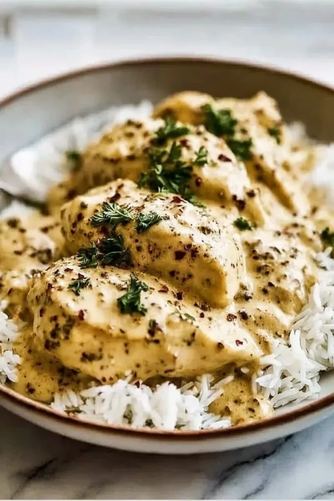 Cozy creamy crockpot Italian chicken dish served with herbs and vegetables