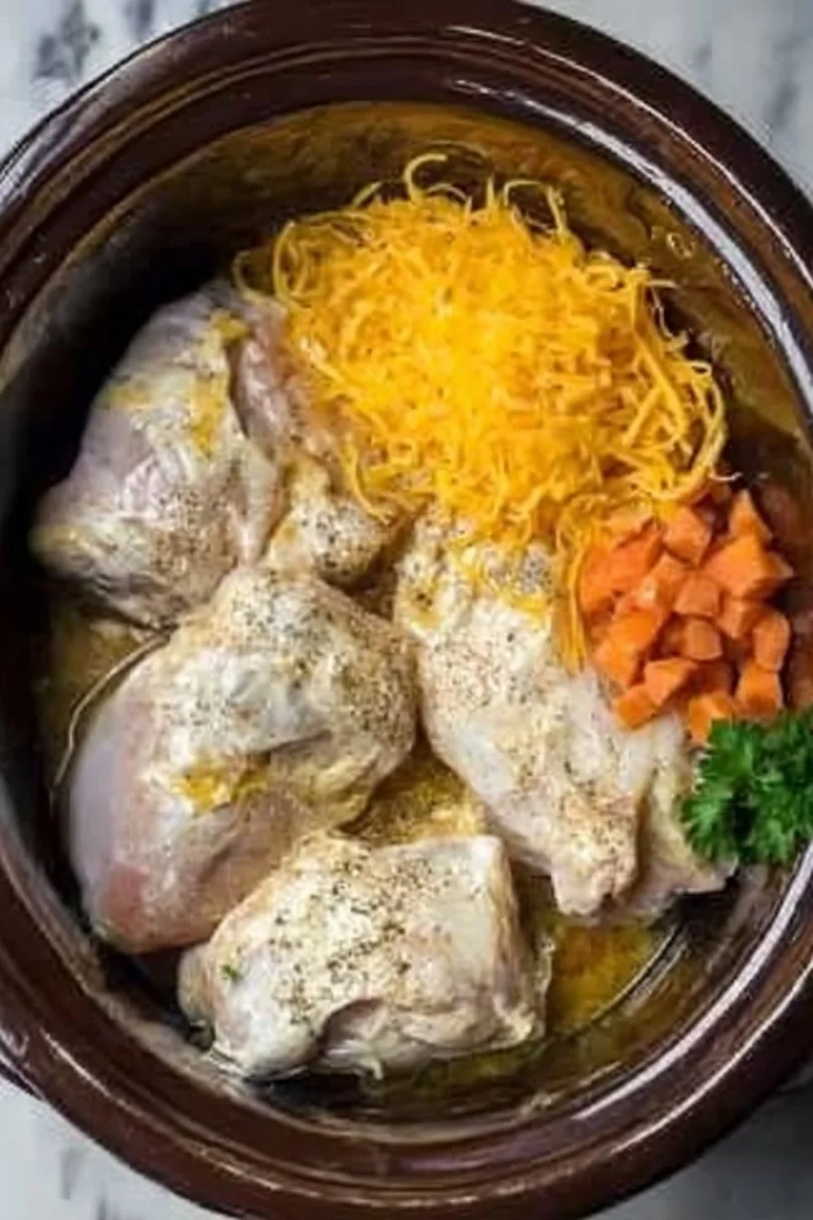Cozy crock pot chicken dinner served in a bowl with herbs and vegetables.