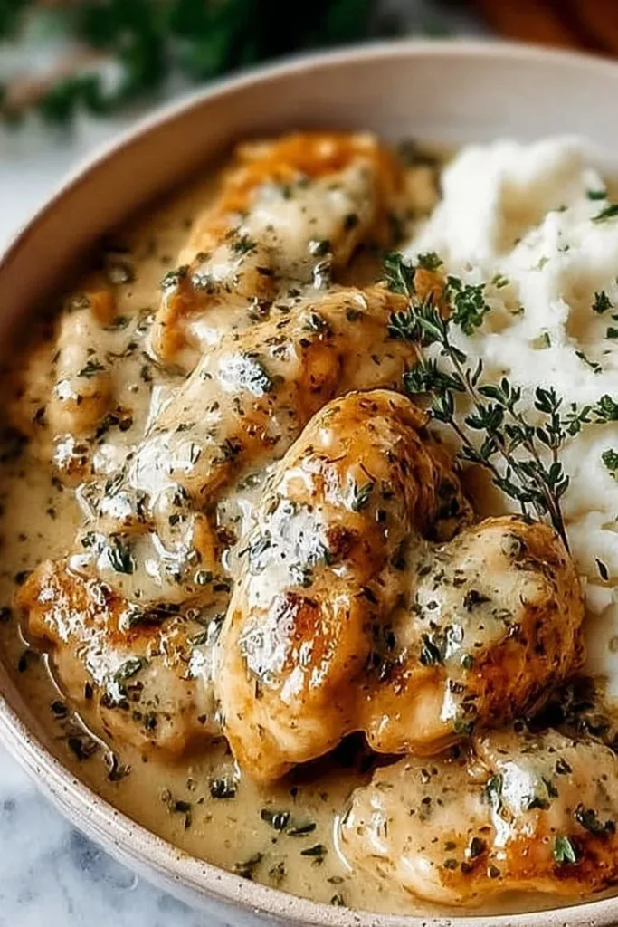 Cozy crockpot chicken and gravy dish served in a bowl