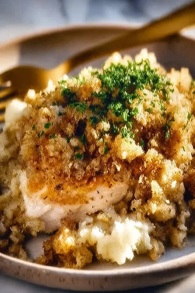 Cozy Crockpot Chicken and Stuffing dish garnished with herbs