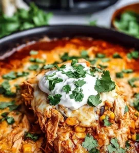 Cozy crockpot chicken enchilada casserole served in a dish