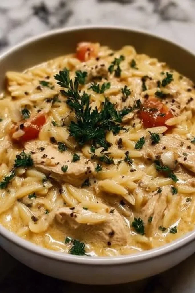 Bowl of creamy chicken orzo made in a crockpot, garnished with herbs.
