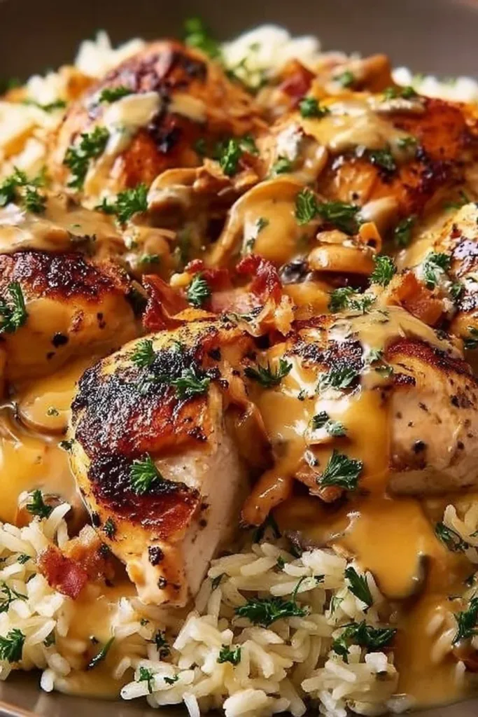 Delicious smothered chicken served over rice, a comforting and hearty meal.
