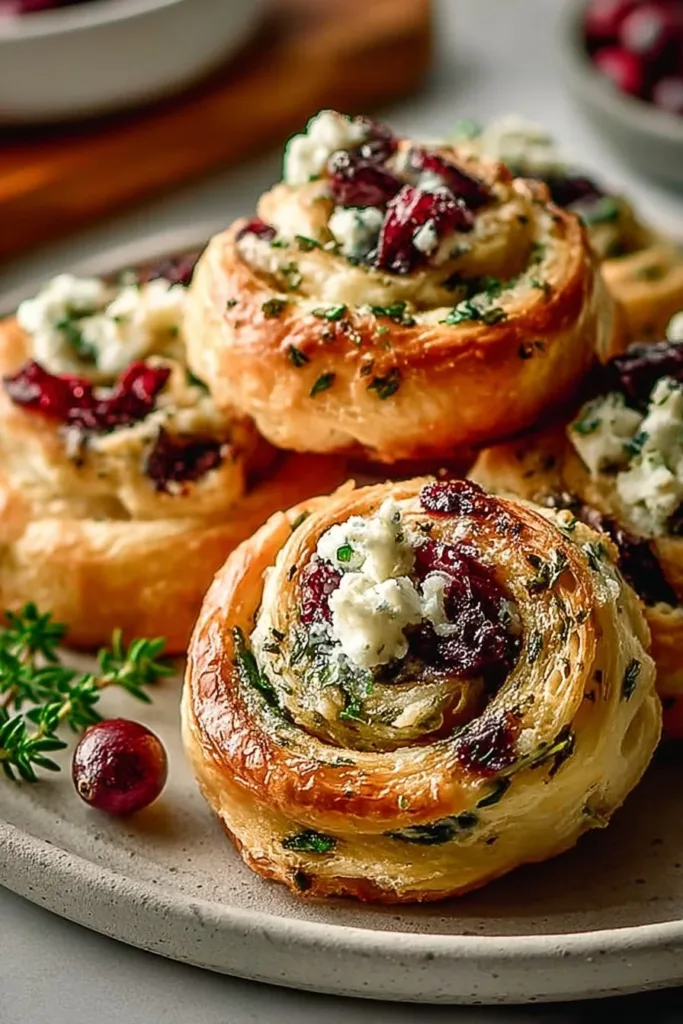 Cranberry Cream Cheese Pinwheels 2 Delicious cranberry cream cheese pinwheels served on a platter.