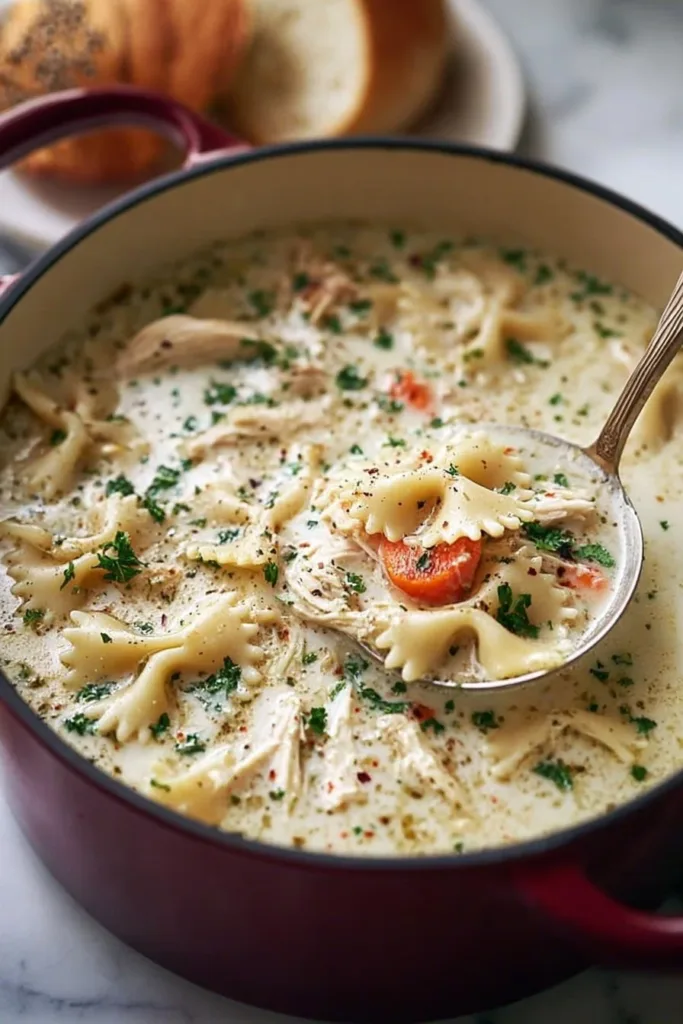 Bowl of creamy Chicken Alfredo Soup garnished with parsley and breadsticks