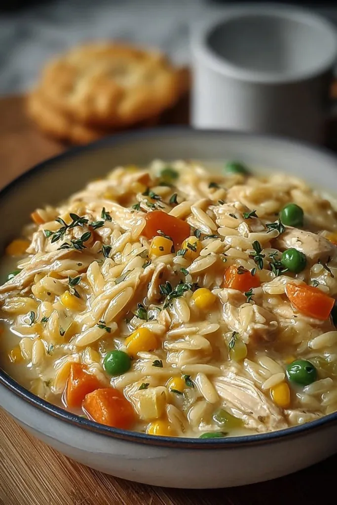 Creamy chicken pot pie orzo served in a bowl with vegetables