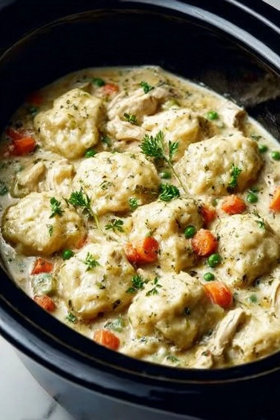 15 Creamy Crockpot Chicken Recipes for Easy Family Dinners 10 Creamy crockpot chicken and dumplings served in a bowl with herbs