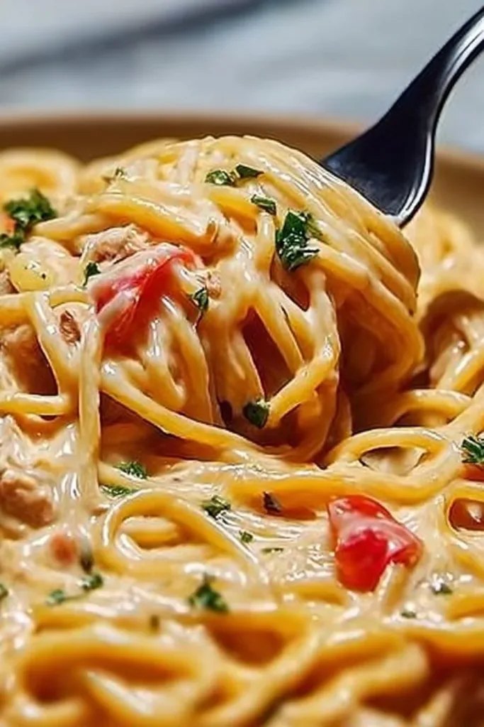 Creamy crockpot chicken spaghetti served in a bowl with herbs