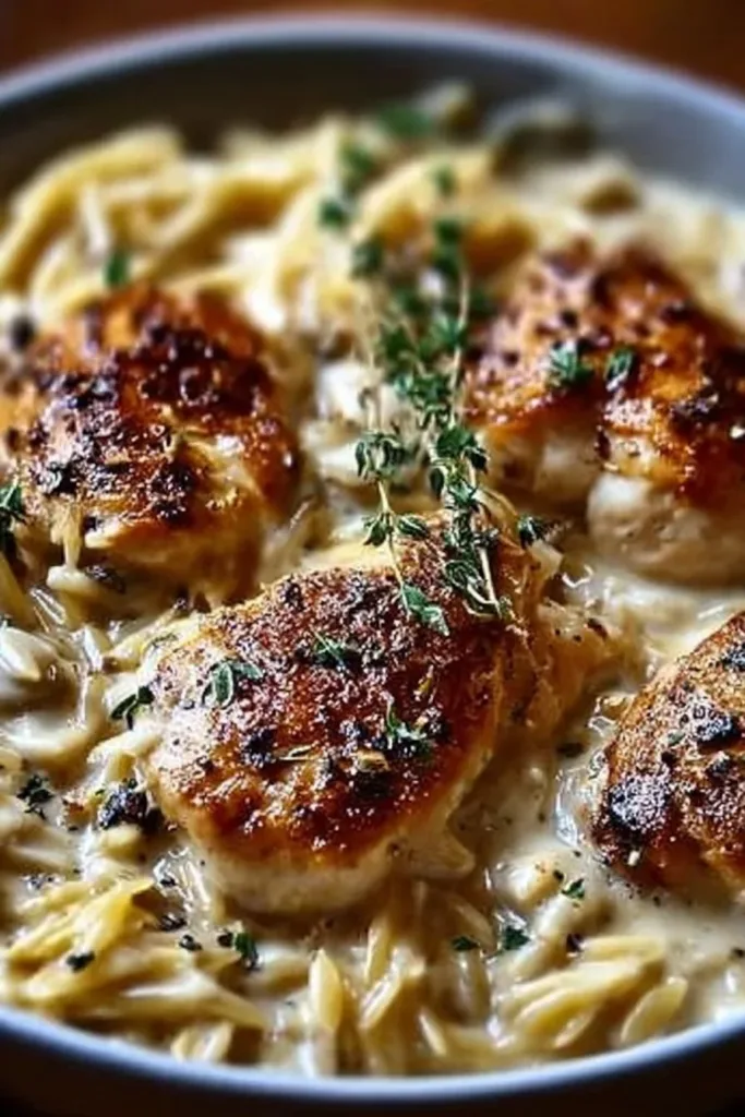 Creamy Crockpot Chicken with Gruyere and Orzo Bliss 3 Creamy Crockpot chicken with Gruyere cheese and orzo in a slow cooker.