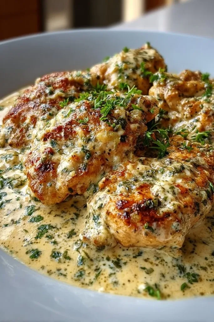 Creamy garlic parmesan chicken cooked in a crockpot for easy meal preparation.