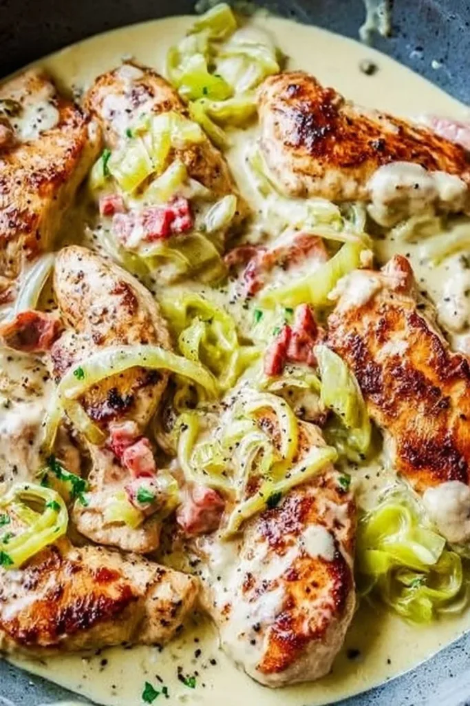 Creamy Pepperoncini Chicken Skillet 3 Creamy Pepperoncini Chicken Skillet served with herbs on a wooden table