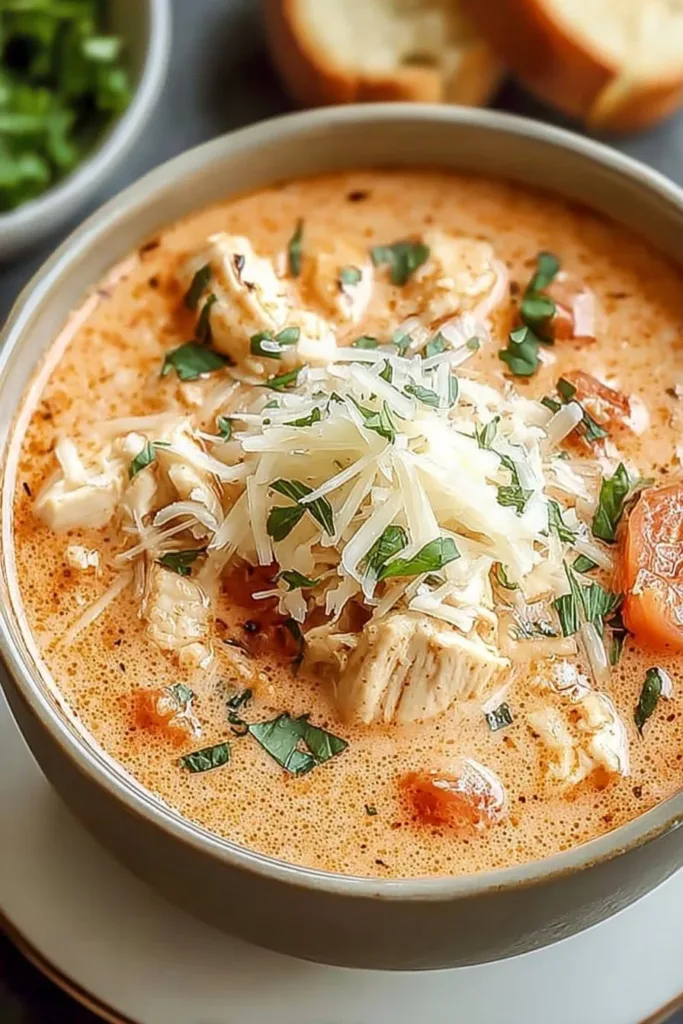 Bowl of Crock Pot Creamy Chicken Parmesan Soup garnished with herbs and cheese.
