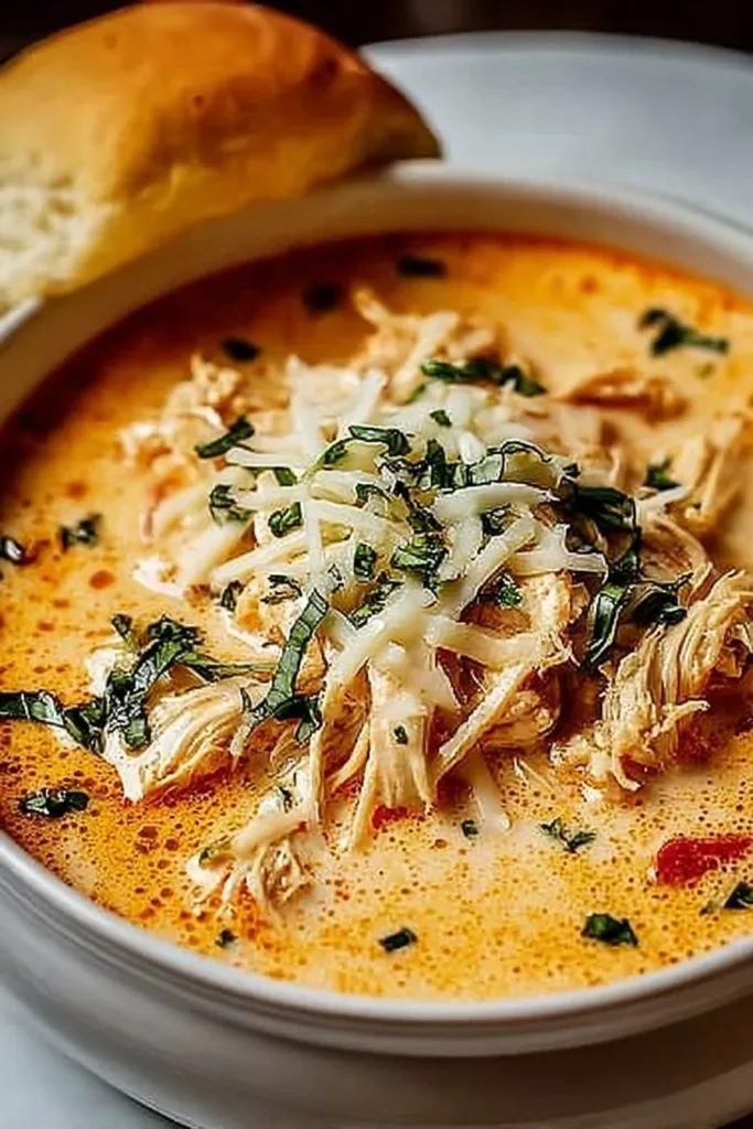 Crock Pot Creamy Chicken Parmesan Soup in a rustic bowl