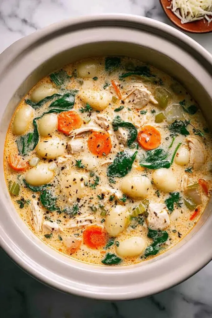 Delicious Crockpot Chicken Gnocchi Soup served in a bowl with fresh herbs.