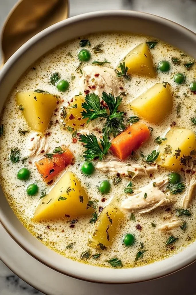 Crockpot Creamy Chicken and Potato Soup in a white bowl garnished with herbs