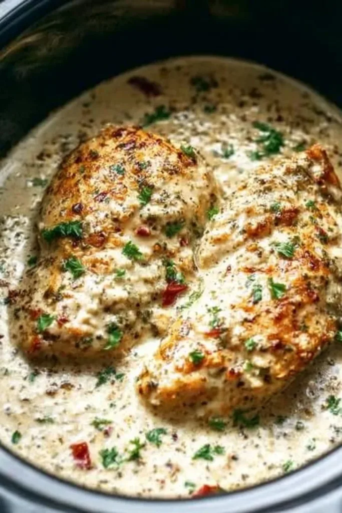 Crockpot Garlic Parmesan Chicken 3 Delicious Crockpot Garlic Parmesan Chicken served with herbs and spices