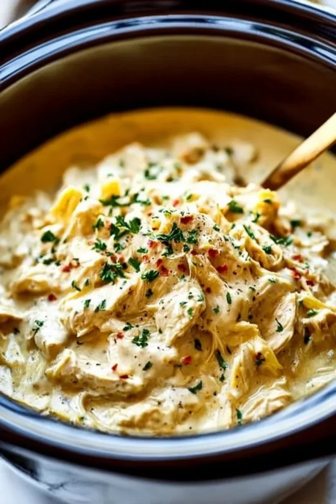 Delicious Crockpot Italian Chicken served with herbs and spices