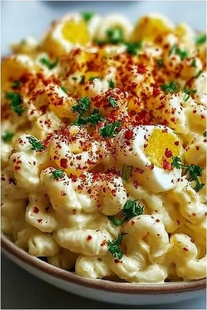 Deviled Egg Macaroni Salad 3 A bowl of deviled egg macaroni salad garnished with paprika and herbs.