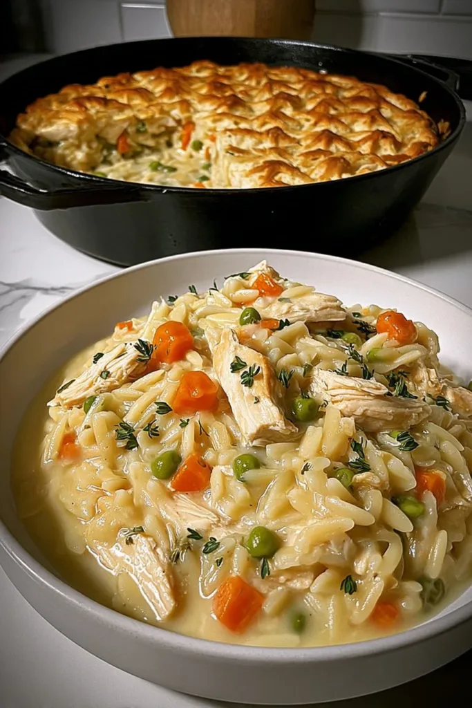 Delicious easy creamy chicken pot pie served in a rustic dish