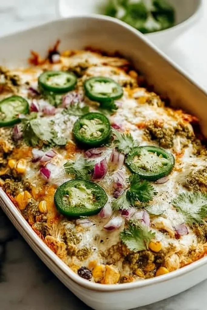 Healthy salsa verde chicken casserole topped with fresh herbs and avocados