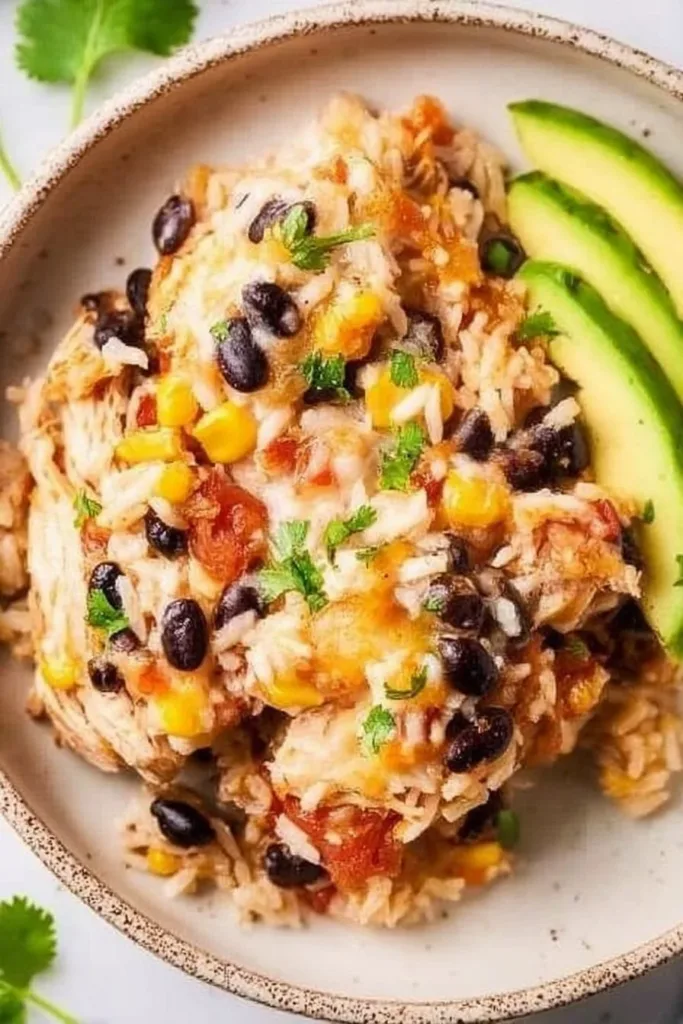 Healthy southwest chicken casserole garnished with fresh cilantro