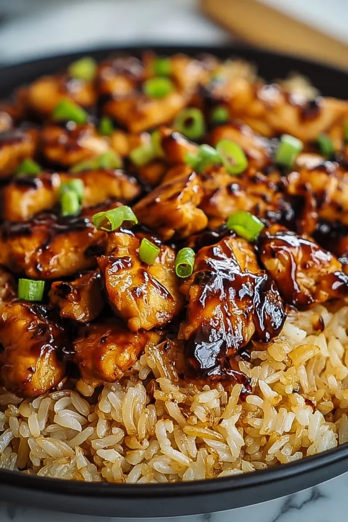 Honey BBQ Chicken served on rice, a delicious and flavorful dish.