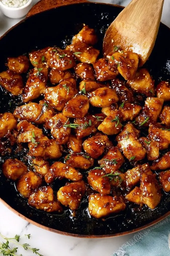 Honey Garlic Chicken Bites 2 Honey Garlic Chicken Bites served on a plate garnished with green onions