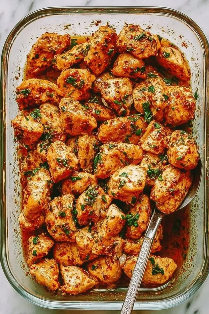 Delicious oven-baked chicken bites served on a plate with dipping sauce.