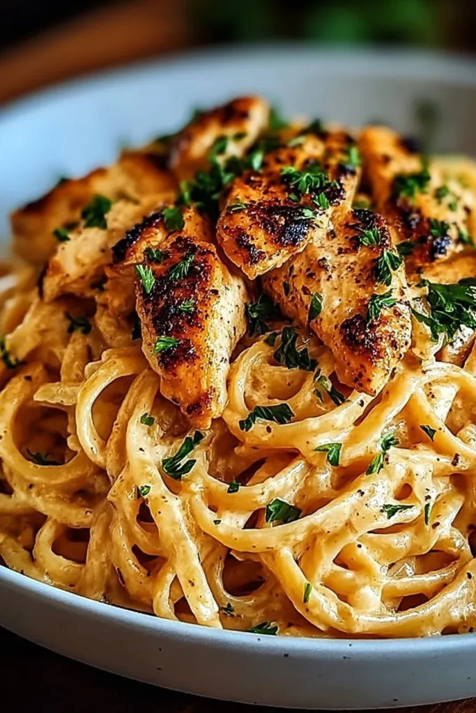 Delicious cowboy butter chicken linguine served on a plate