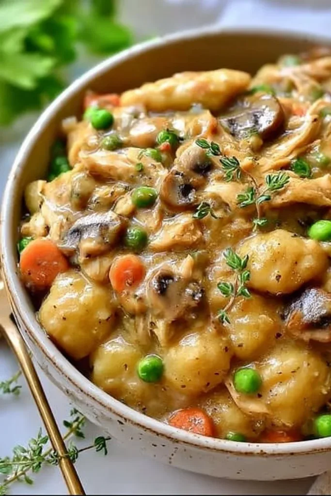 One pot gnocchi chicken pot pie dish served with fresh herbs