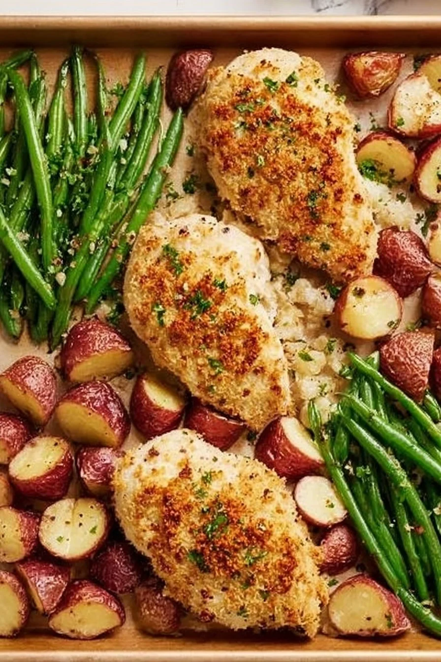 Parmesan Crusted Chicken with vegetables on a sheet pan for a quick dinner meal.