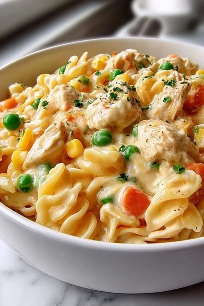 Quick Chicken Pot Pie Pasta 3 Quick chicken pot pie pasta dish topped with fresh herbs and cheese