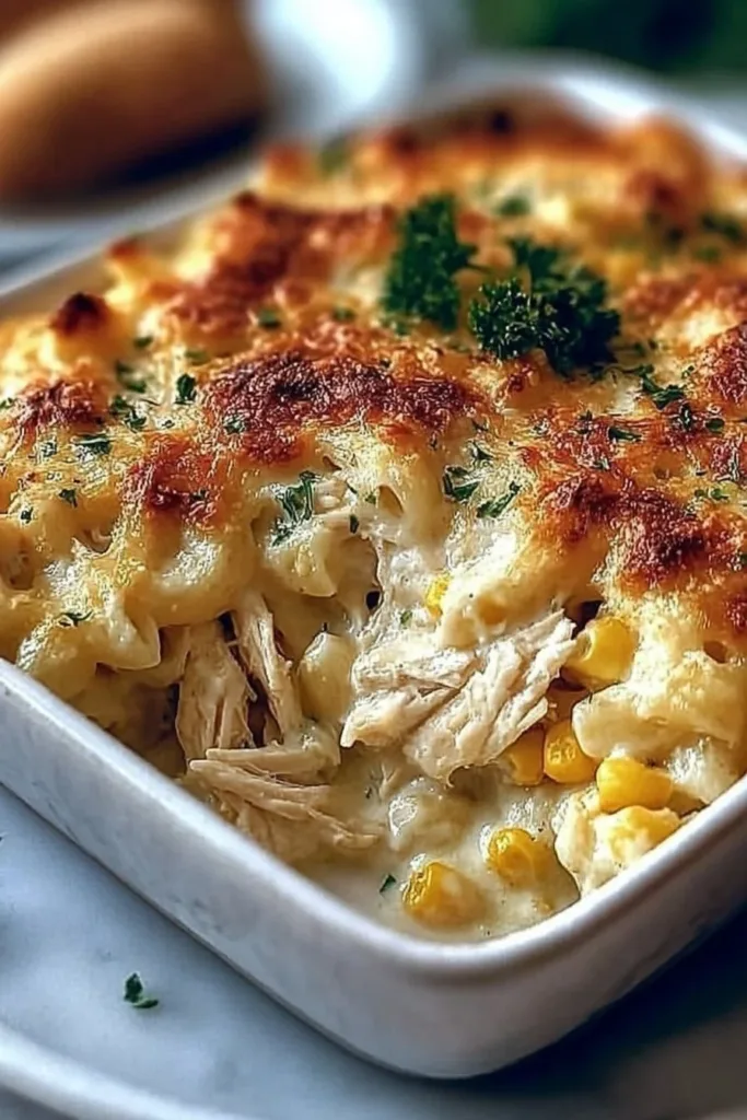 Deliciously baked chicken casserole topped with breadcrumbs and cheese