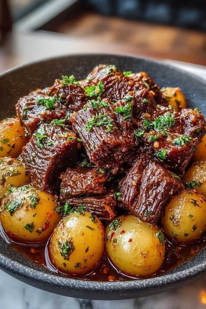 Delicious slow cooker garlic butter beef with tender potatoes in a savory sauce