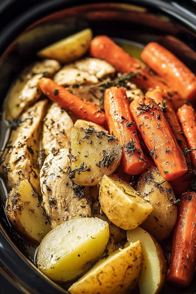 Slow cooker garlic butter chicken with vegetables in a cozy setting