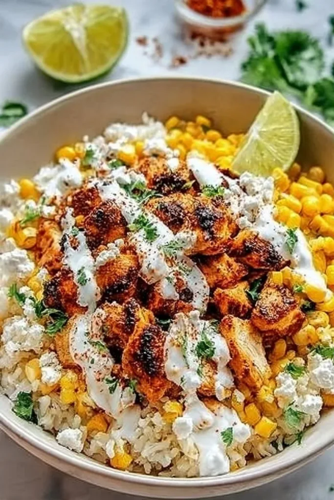 Street Corn Chicken Rice Bowl 3 Street Corn Chicken Rice Bowl with tender chicken and vibrant corn toppings
