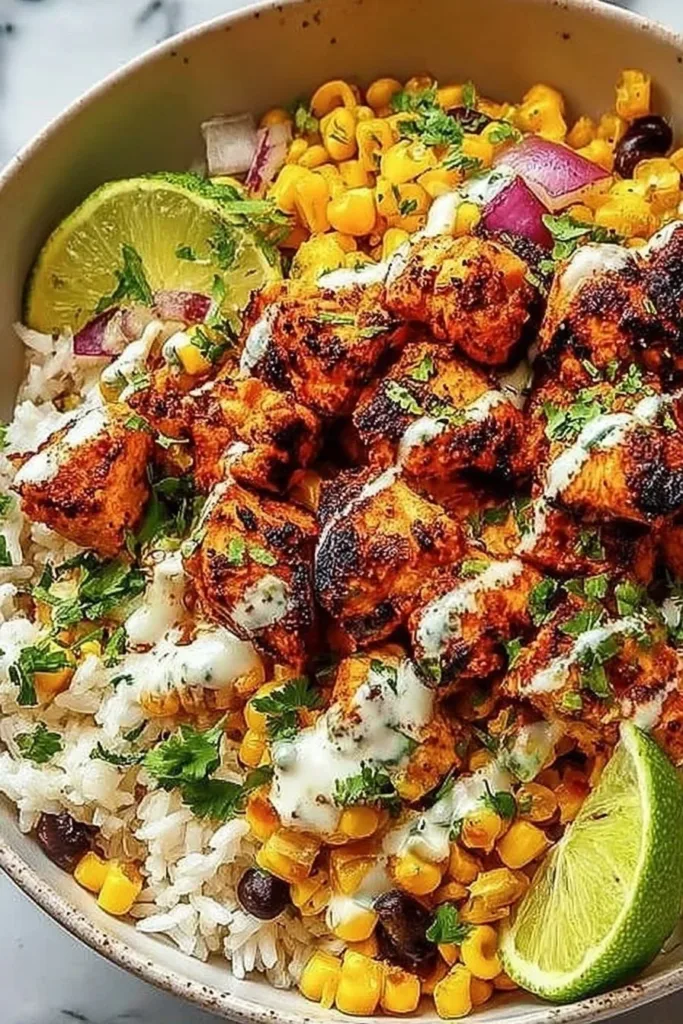 Delicious Street Corn Chicken Bowl with grilled chicken and street corn toppings.