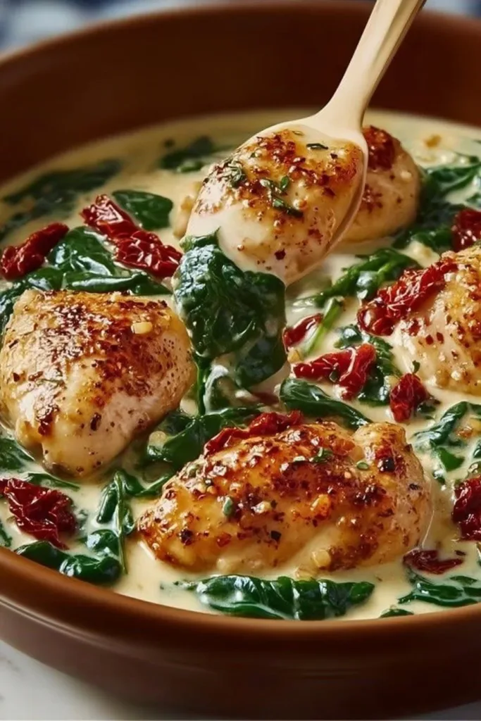 Tuscan Chicken in a Crockpot 2 Crockpot Tuscan Chicken with herbs and vegetables ready to serve.