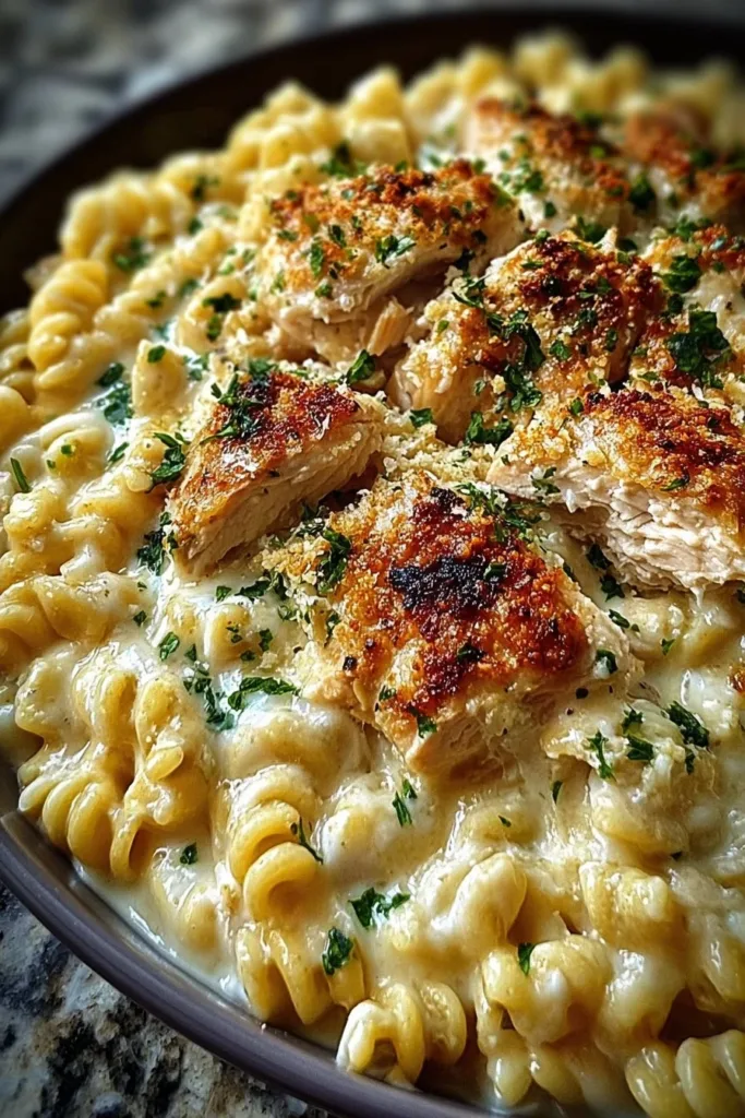 Creamy garlic parmesan chicken pasta served in a bowl with herbs
